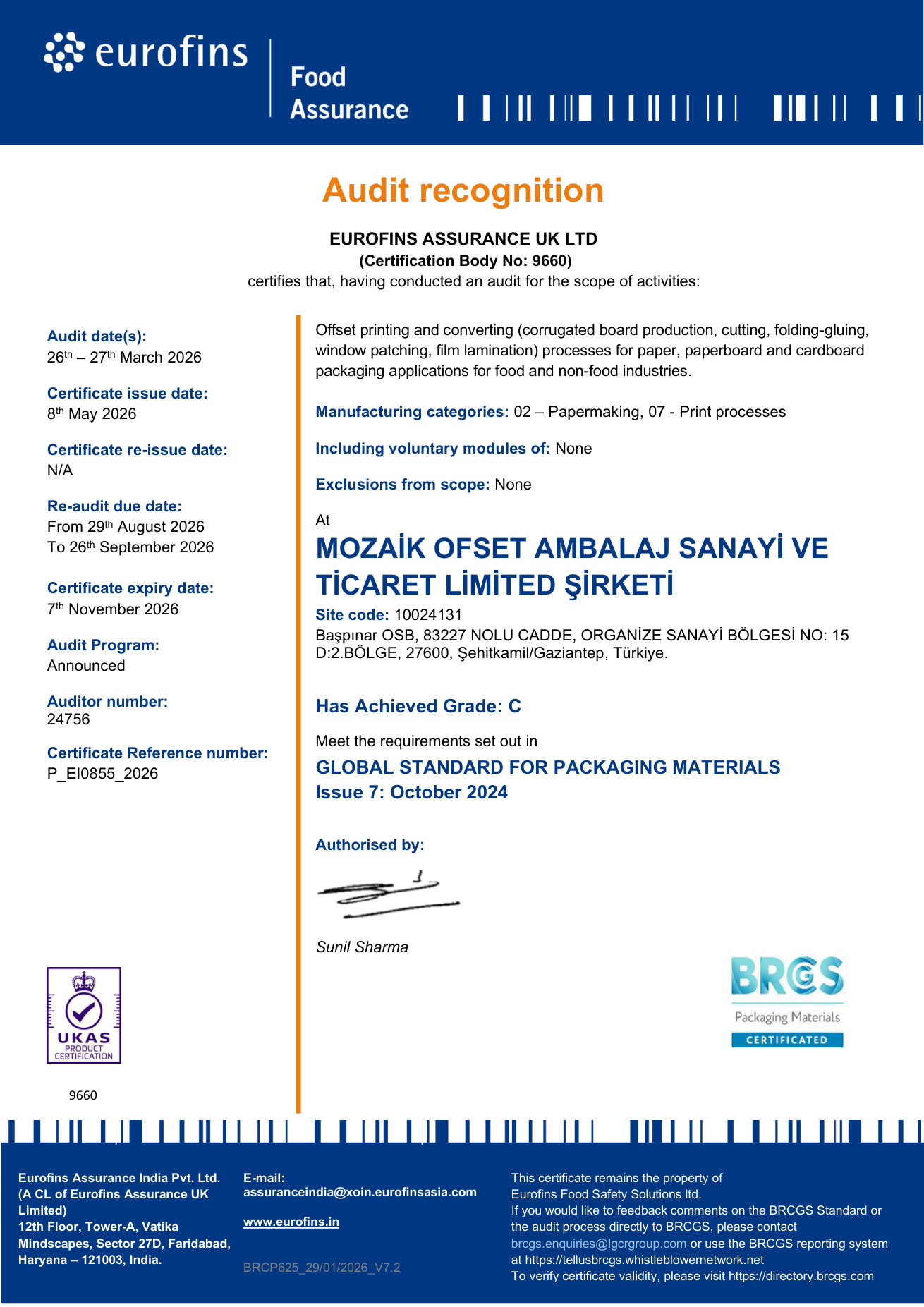 BRC Global Standard for Packaging Materials certificate