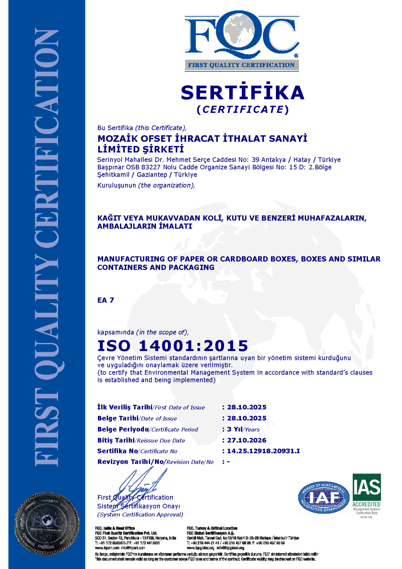 ISO 14001 Environmental Management certificate