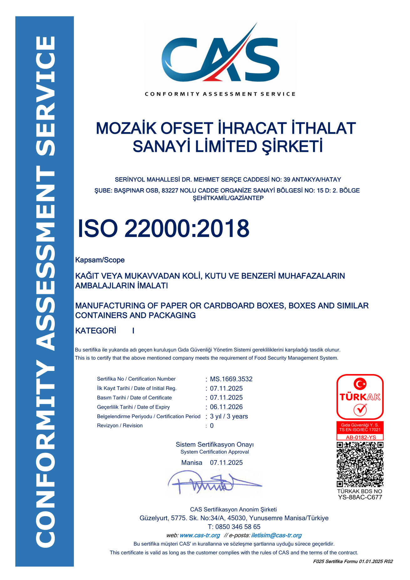 ISO 22000 Food Safety Management certificate