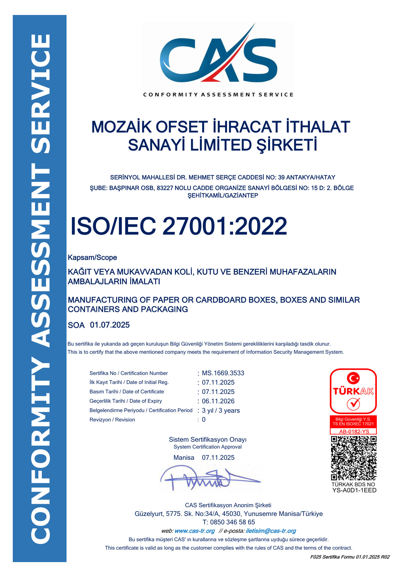ISO 27001 Information Security Management certificate
