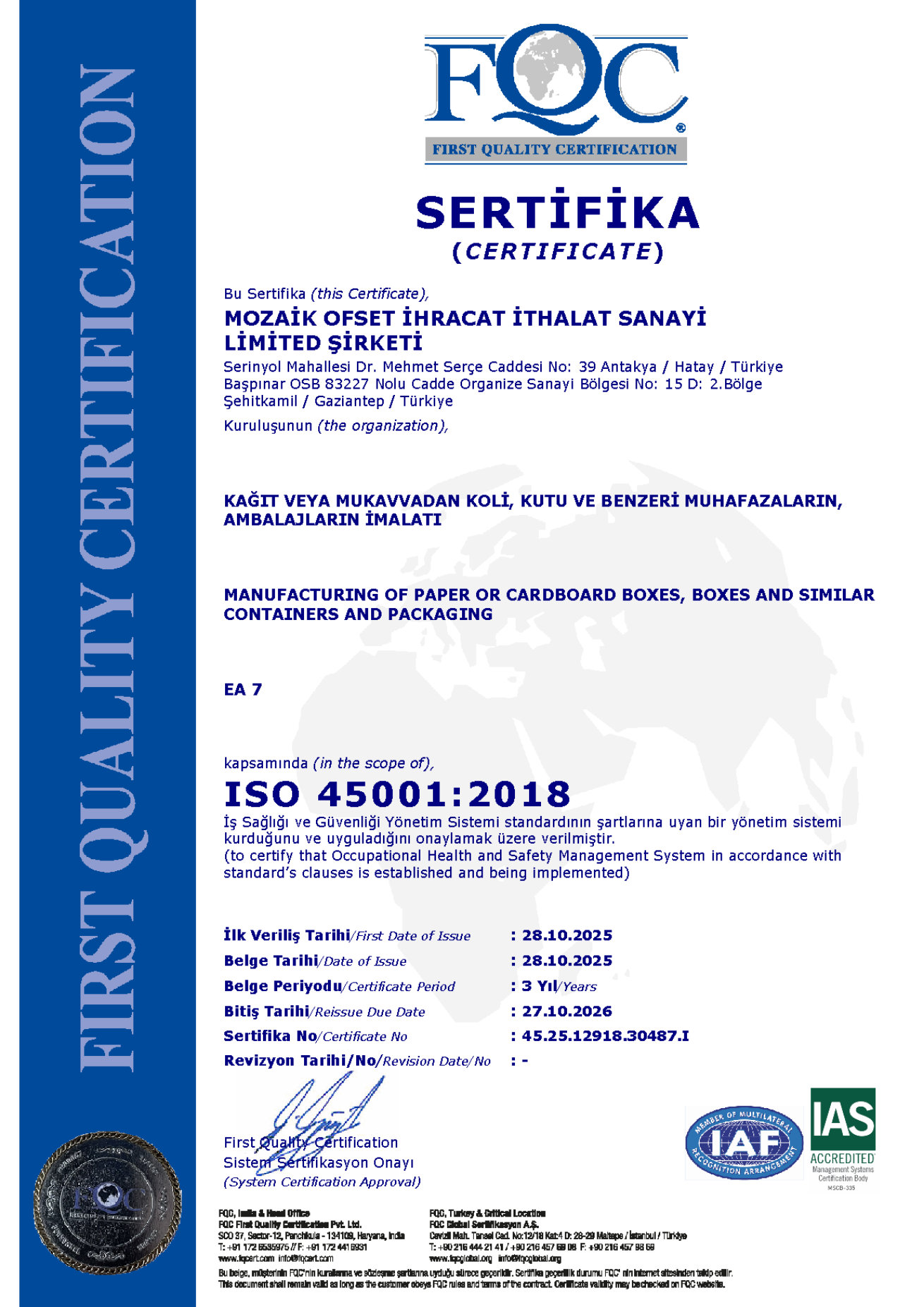 ISO 45001 Occupational Health and Safety certificate