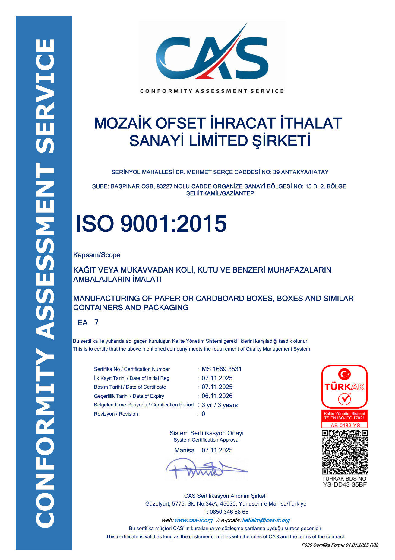 ISO 9001 Quality Management certificate